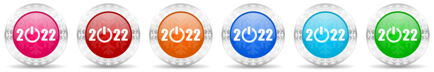Aufkleber - New year 2022 icon set in 6 color options. Christmas design glossy web buttons. Winter concept illustration with snowflakes.