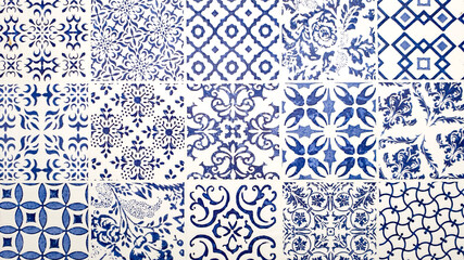 Blue arabesque ceramic floor and wall tiles with flower patterns and different design