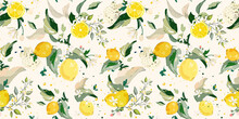 Seamless Pattern, Vector Set Of Lemon Branch. Flower, Green Leaves. Fruit And Splashing Juice. Arrangements