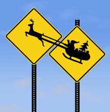 A Highway Deer Crossing Warning Sign Is Next To A. Similar Sign Of Santa And His Sleigh That Appears To Be Harnessed To The Deer In The First Sign. This Is A 3-d Illustration About Christmas.