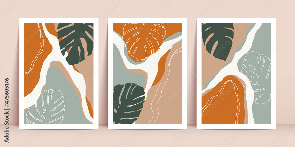 Botanical wall art vector set. Boho foliage line art drawing with ...