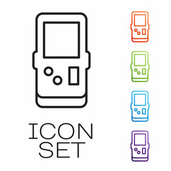 Poster - Black line Portable tetris electronic game icon isolated on white background. Vintage style pocket brick game. Interactive playing device. Set icons colorful. Vector