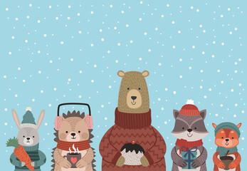 Poster - five animals wearing winter clothes