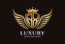 Luxury Royal Wing Letter RX Crest Gold Color Logo Vector, Victory Logo, Crest Logo, Wing Logo, Vector Logo Template.