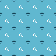 Sticker - Set Plane and Money with shield on seamless pattern. Vector