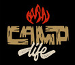 Camp life t shirt graphic print. Hand-drawn textured effect. Handcrafted campfire illustration. Bonfire Fashion Apparel print. Camping logo Graphic Tee Badge Emblem