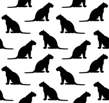 Vector Seamless Pattern Of Flat Sitting Tiger Silhouette Isolated On White Background