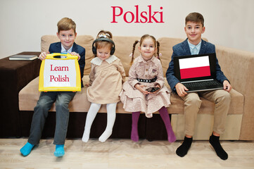 Four kids show inscription learn polish. Foreign language learning concept. Polski.