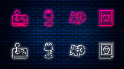 Wall Mural - Set line Floor lamp, Vinyl disk, Joystick and Photo. Glowing neon icon on brick wall. Vector