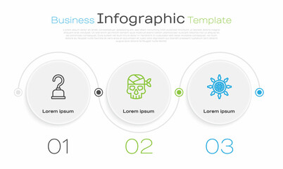 Poster - Set line Pirate hook, captain and Ship steering wheel. Business infographic template. Vector