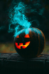 Wall Mural - Vertical shot of an illuminated scary jack-o-lantern with green smoke