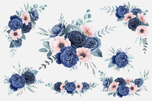 Watercolor Navy Blue Roses And Peach Anemones Bouquets