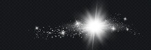 Yellow Glowing Light Explodes On A Transparent Background. Sparkling Magical Dust Particles. Bright Star. Transparent Shining Sun, Bright Flash. Vector Sparkles. To Center A Bright Flash.