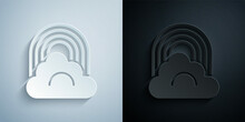 Paper Cut Rainbow With Cloud Icon Isolated On Grey And Black Background. Paper Art Style. Vector