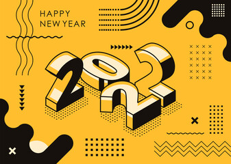 2022 retro style banner with modern geometric abstract background with isometric typography. happy new year greeting card design for 2022 calligraphy. Yellow black Vector illustration