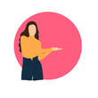 Vector illustration of a woman standing while presenting something beside her. Flat design