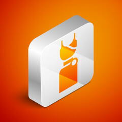 Poster - Isometric Woman dress icon isolated on orange background. Clothes sign. Silver square button. Vector