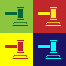 Pop Art Judge Gavel Icon Isolated On Color Background. Gavel For Adjudication Of Sentences And Bills, Court, Justice. Auction Hammer. Vector