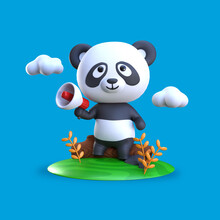 3D Rendering Panda Holding Megaphone For Marketing Illustration