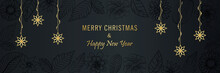 Merry Christmas And Happy New Year, Winter Holidays Background With Flowers, Leaves, And Snowflakes. Floral Banner Or Flyer With Golden Stars. Happy New Year Greeting.