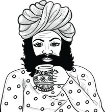 Rajasthani Man Drinking Tea From Tea Cup. Indian Wedding Clip Art Vector Black And White Clip Art Illustration For Screen Printing.
