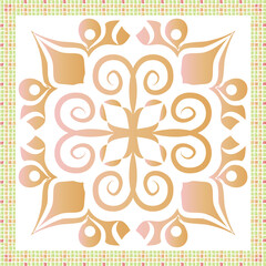 Poster -  scarf pattern design on red. Geometric ornament with frame, border. Bandanna, shawl, scarf, tablecloth design for textile fabric print 