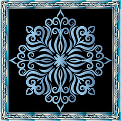 Poster -  scarf pattern design on red. Geometric ornament with frame, border. Bandanna, shawl, scarf, tablecloth design for textile fabric print 