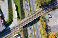 Top view of a railroad bridge over the roadway