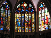 Details Of The Stained Glass Window Inside The Cathedral Of Basel In Switzerland
