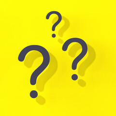 Fototapete - Question marks with shadow on yellow background. Technical support. Answers to questions. Square image. 3D image. 3D rendering.