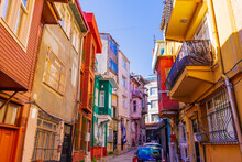 Colorful Houses In Old City Balat. Balat Is Popular Touristic Destination In Istanbul