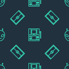 Poster - Set line Portable video game console, Chest for and Alien on seamless pattern. Vector