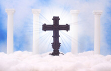 Heaven Columns And Clouds With Blue Sky And Cross