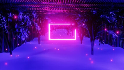 Wall Mural - Neon Forest with pink frame and colorful bokeh. Abstract animated motion background. Seamless loop VJ HD background.