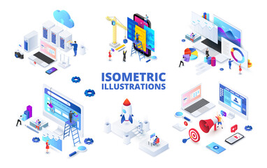 Poster - Set of light isometric illustrations. Startup, digital marketing, seo analysis and cloud technology.