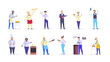 © Svetlanas01 - Restaurant staff chef, cook, waitress, bartender. Public catering service staff. Kitchen workers chef cooking food at cafeteria cuisine, waitress delivers order, bartender pours wine cartoon vector