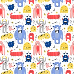 Cute monsters seamless pattern. Funny colorful creatures, little mutants or aliens, spooky fantasy characters, childish collection. Decor textile, wrapping paper wallpaper, vector print or fabric