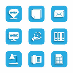 Poster - Set Clock, Telephone, File document, Office folders, Table lamp, Location with text work, Envelope and Heart icon. Vector