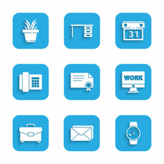 Poster - Set Certificate template, Envelope, Wrist watch, Monitor with text work, Briefcase, Telephone, Calendar and Plant in pot icon. Vector