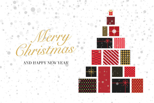 Christmas tree made of black and red gifts and flying snowflakes. Christmas greeting card