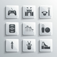 Set Magician hat and rabbit, Water slide, Bowling pin ball, Roller coaster, Firework rocket, Hockey table, Gamepad and wand icon. Vector