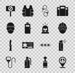 Sticker - Set Location peace, Pepper spray, Special forces soldier, Handcuffs, Police assault shield, Protest and Flasher siren icon. Vector