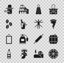 Set Pizza, Barrel For Wine, Slice Of Pizza, Grater, Bottle Bucket, Coffee Beans, Pinocchio And Vitruvian Man Icon. Vector