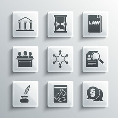 Sticker - Set Evidence bag and bullet, Law, Paper analysis magnifying, Hexagram sheriff, Feather inkwell, Jurors, Courthouse building and book icon. Vector