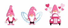 Set Of Valentines Day Gnome In Truck And Cupid With Bow And Arrow. Vector Holiday Illustration