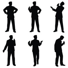 Set Of Talk Show Man With Microphone In Hand Silhouette Vector, Entertainment Or Comedy Actor On Stage.