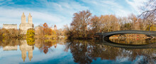 Central Park Pond And  Bow Bridge Iin Winter. New York. USA