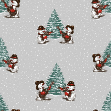 Seamless Pattern Of Snowmen Violinist ,guitarist And Fir Trees In Christmas
