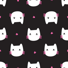 Cat Cute Cartoons Pattern. White Cat And Pink Heart On Black Background. The Seamless Cute Pattern In A Girl, Baby Fashion. Cat Doodle. Vector Design For Fashion, Background, Fabric, Wallpaper.