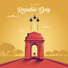 Indian Republic Day Celebrations With 26th January India 3d Text And Ashoka Wheel, Try Color Hand, Man Running With Indian Flag, India Gate. Vector Illustration Design
